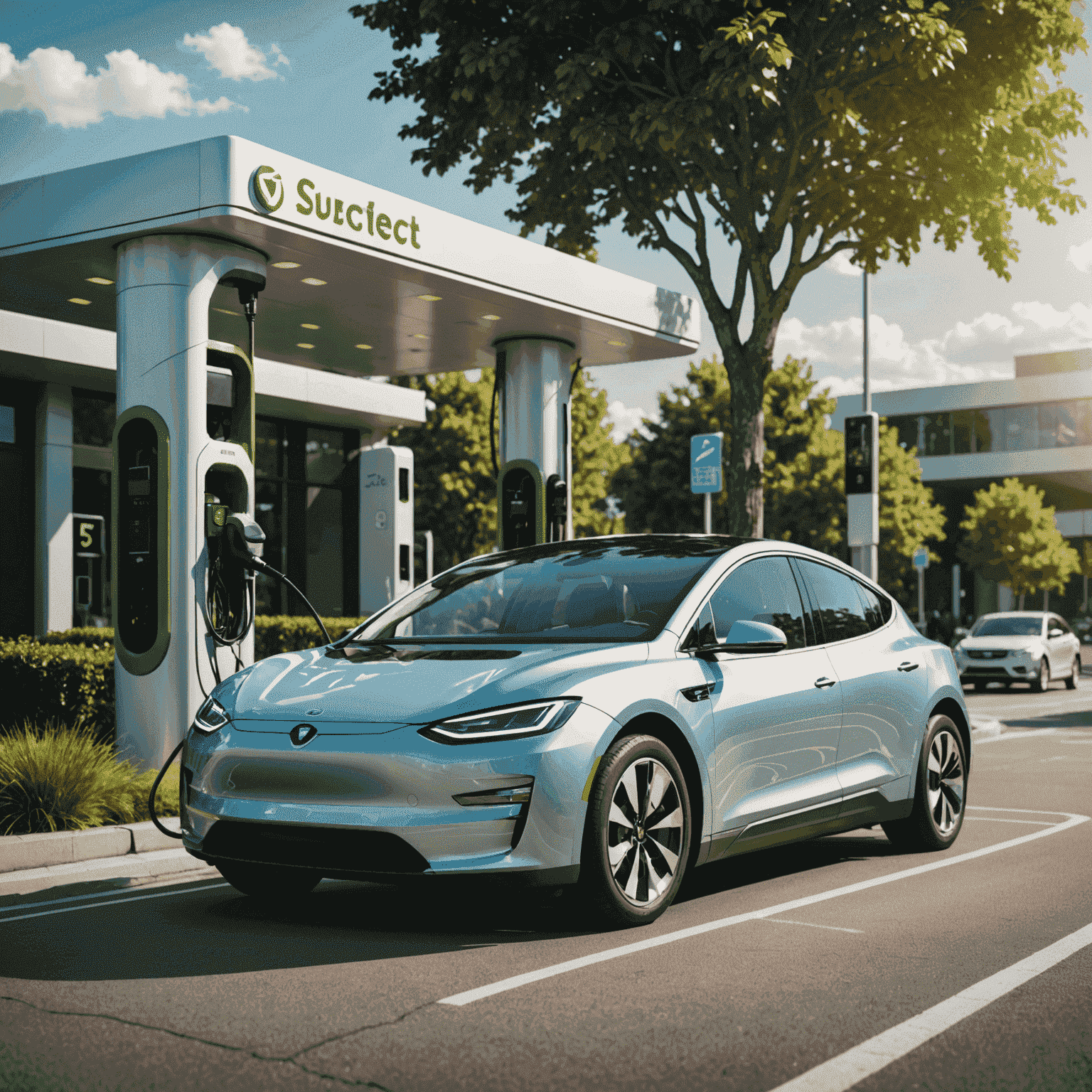 Een moderne elektrische auto op een laadstation, omringd door futuristische technologie en groene energie-elementen