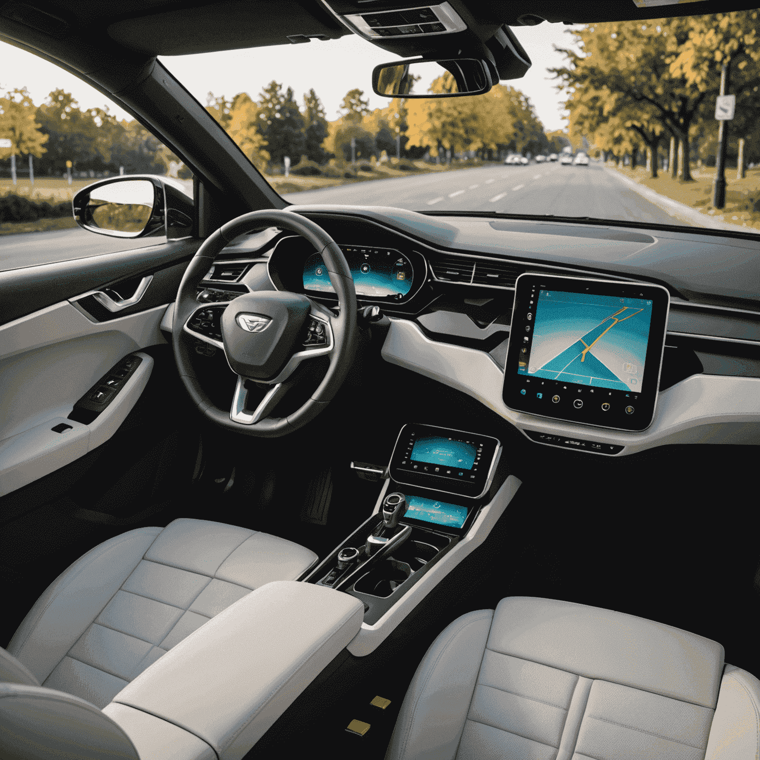 Het interieur van een moderne elektrische auto met een groot touchscreen dashboard dat geavanceerde connectiviteitsfuncties toont